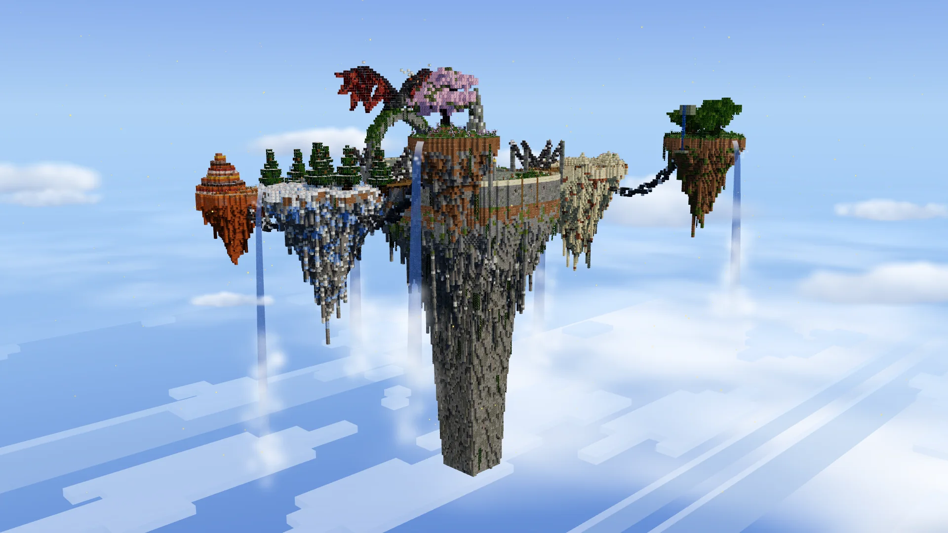 Le hub de SkyBlock Rinaorc : une île de pierre suspendue dans le ciel, la place de la mine au centre, un dragon sur son arche et quatre îlots amarrés par des chaînes géantes.